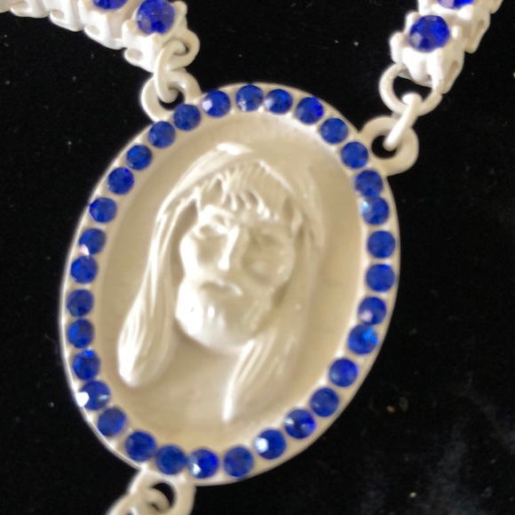 Blue white CZ rosary cross Jesus long necklace - Picture 2 of 6